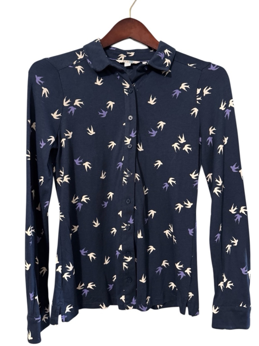 Boden Navy Bird Print Button-Up Shirt | UK 10 US 6 | Modal Cotton